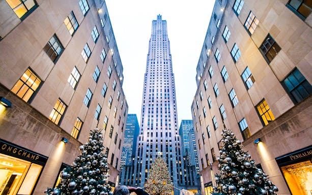 Rockefeller Center in New York City with holiday decorations and 30 Rockefeller Plaza.