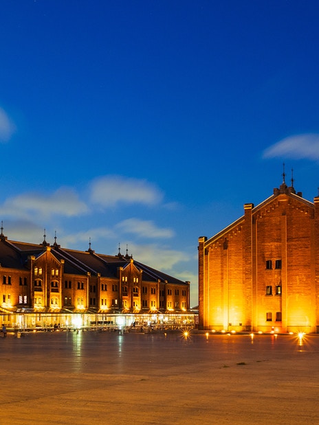 Yokohama Red Brick Warehouse illuminated at night, part of Kamakura Yokohama tour.