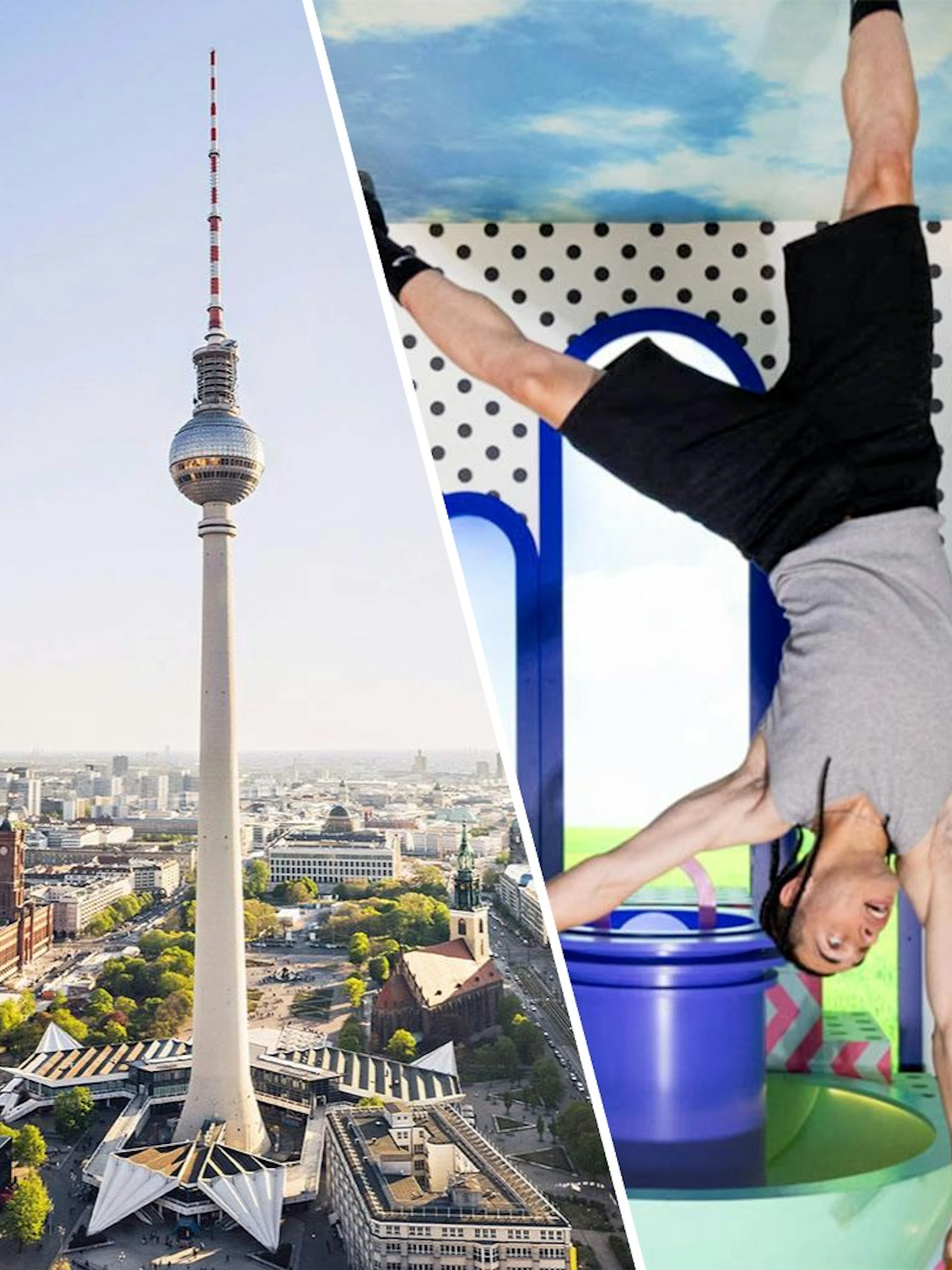 Berlin TV Tower with city view and person in Upside Down Berlin exhibit.