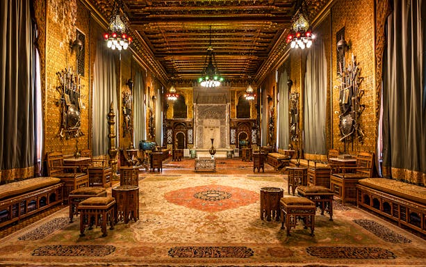 Ornate interior of Peles Castle's hall with intricate woodwork and medieval decor, Romania.