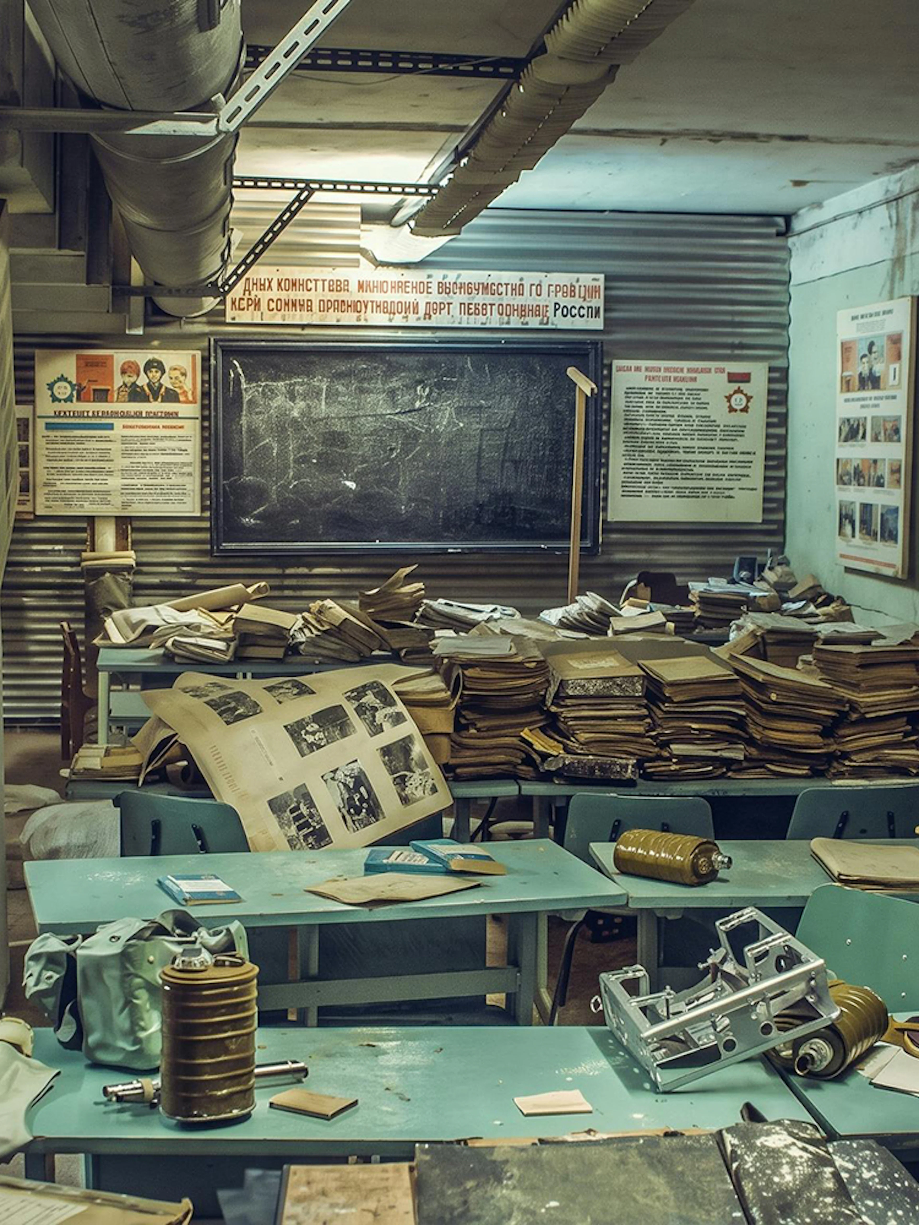 Stacks of documents and gas masks in a classroom exhibit at the Museum of Communism, Prague.