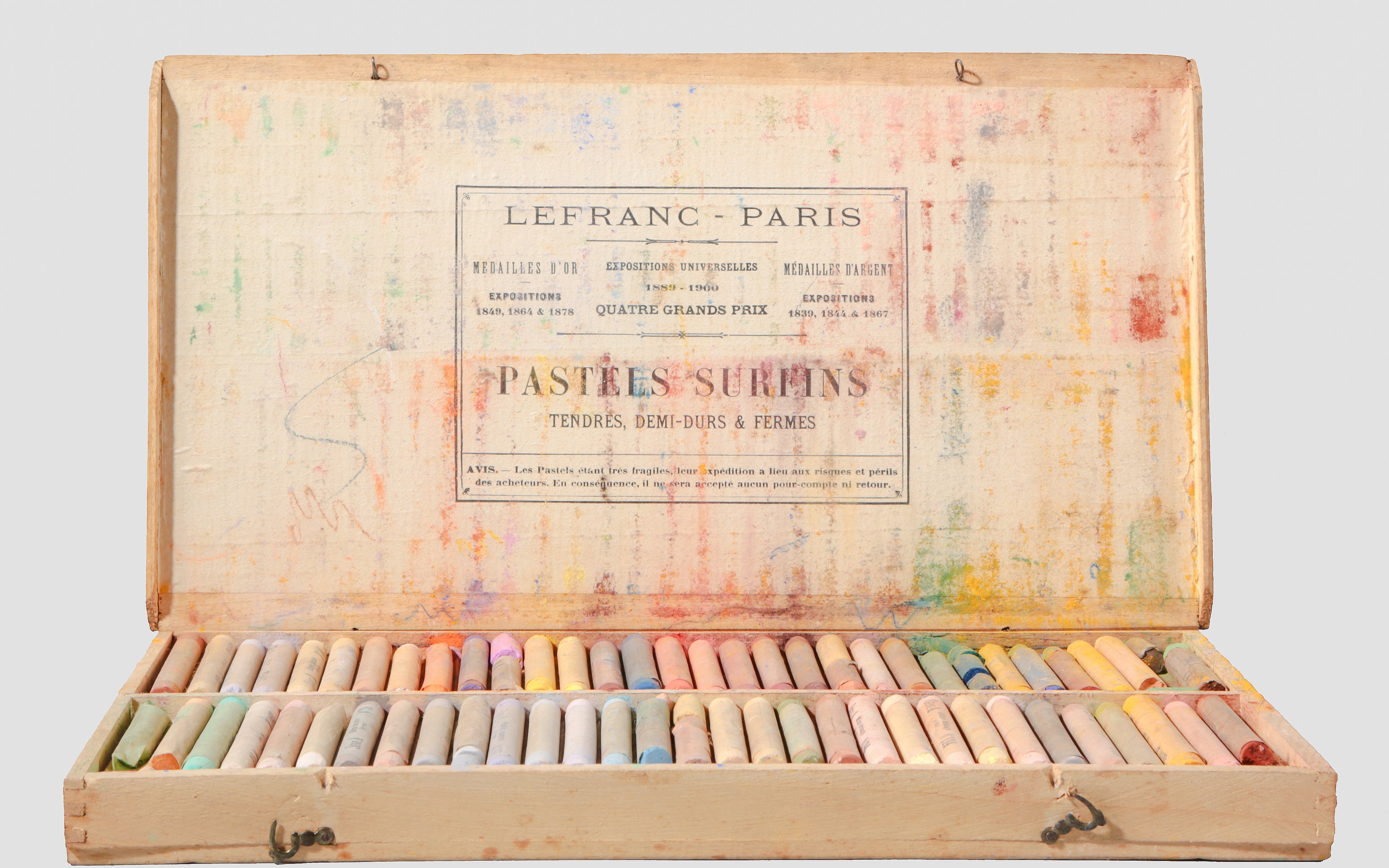 Box of pastel crayons from Lefranc, Paris, displayed at Liberation Museum, Paris, France.
