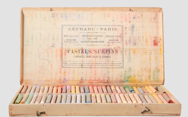 Box of pastel crayons from Lefranc, Paris, displayed at Liberation Museum, Paris, France.