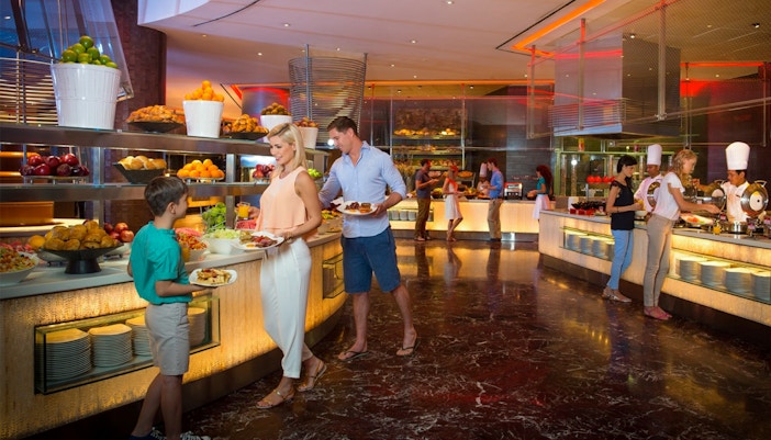 Guests selecting dishes at Saffron Dinner Buffet, Atlantis The Palm, Dubai.