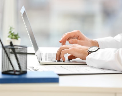 Person typing on a laptop at a desk with a plant and pen holder nearby.