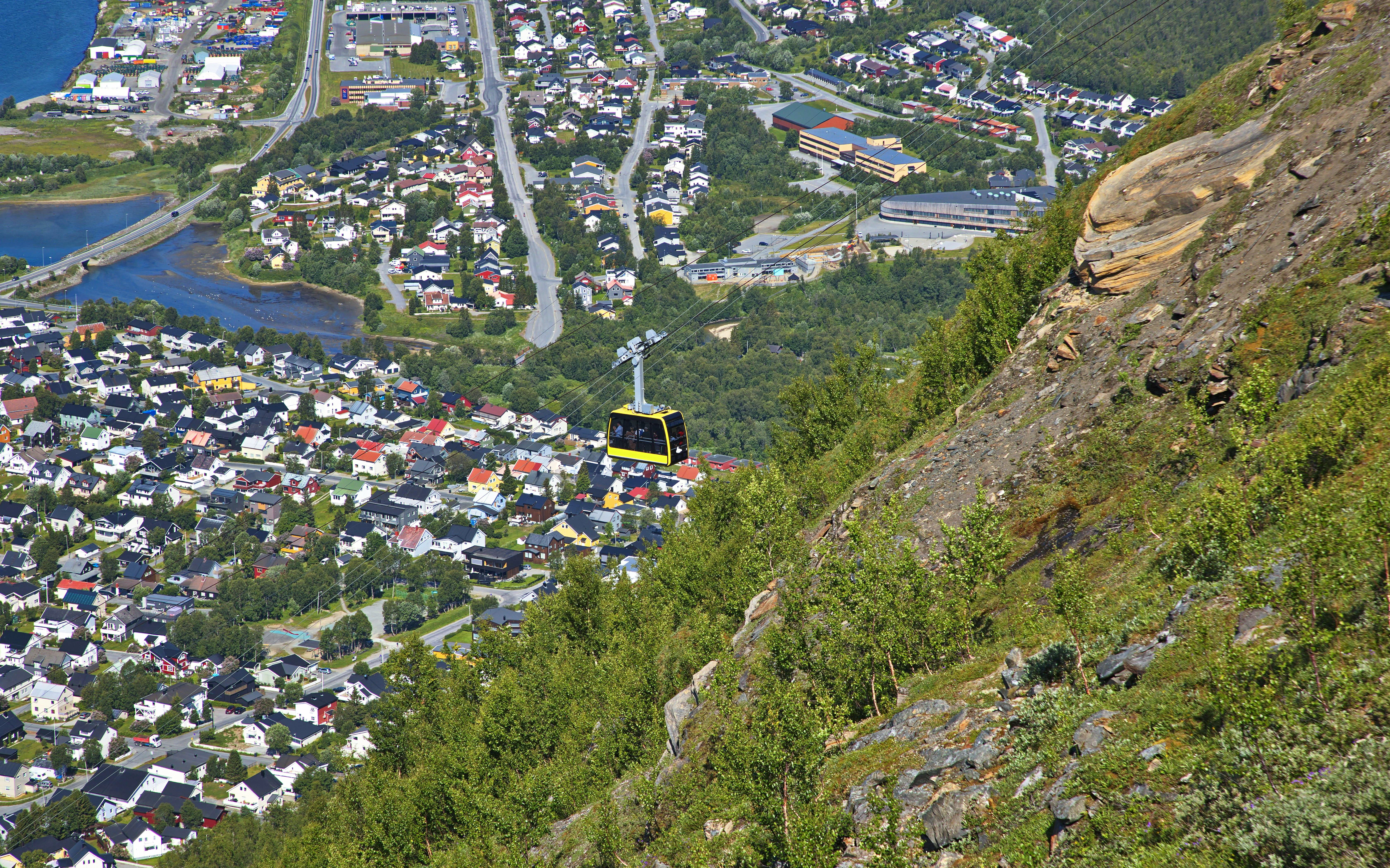 Cable car ascending from Tromsdalen to Storsteinen, overlooking Tromsø, Norway.
