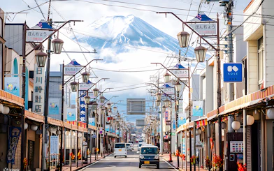 Street view of Hikawa Clock Shop with Mt. Fuji in the background, Japan.