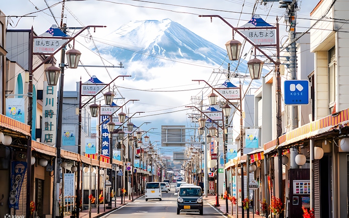 Street view of Hikawa Clock Shop with Mt. Fuji in the background, Japan.