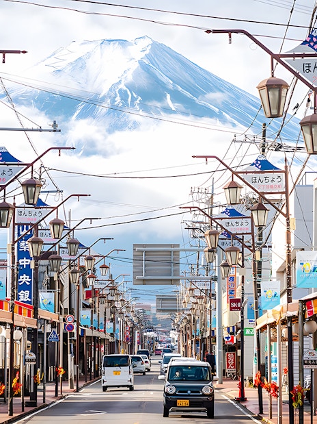 Street view of Hikawa Clock Shop with Mt. Fuji in the background, Japan.