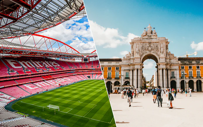 SL Benfica Stadium interior and Lisbon's Rua Augusta Arch with tourists.