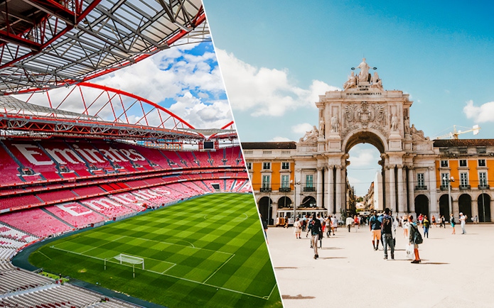 SL Benfica Stadium interior and Lisbon's Rua Augusta Arch with tourists.