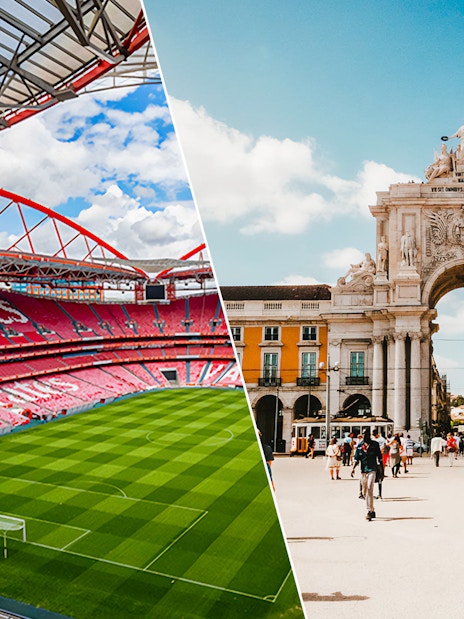 SL Benfica Stadium interior and Lisbon's Rua Augusta Arch with tourists.