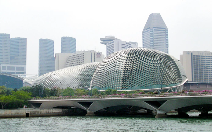 Esplanade - Theatres on the Bay with Singapore skyline in the background.