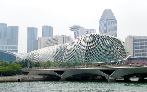 Esplanade - Theatres on the Bay with Singapore skyline in the background.