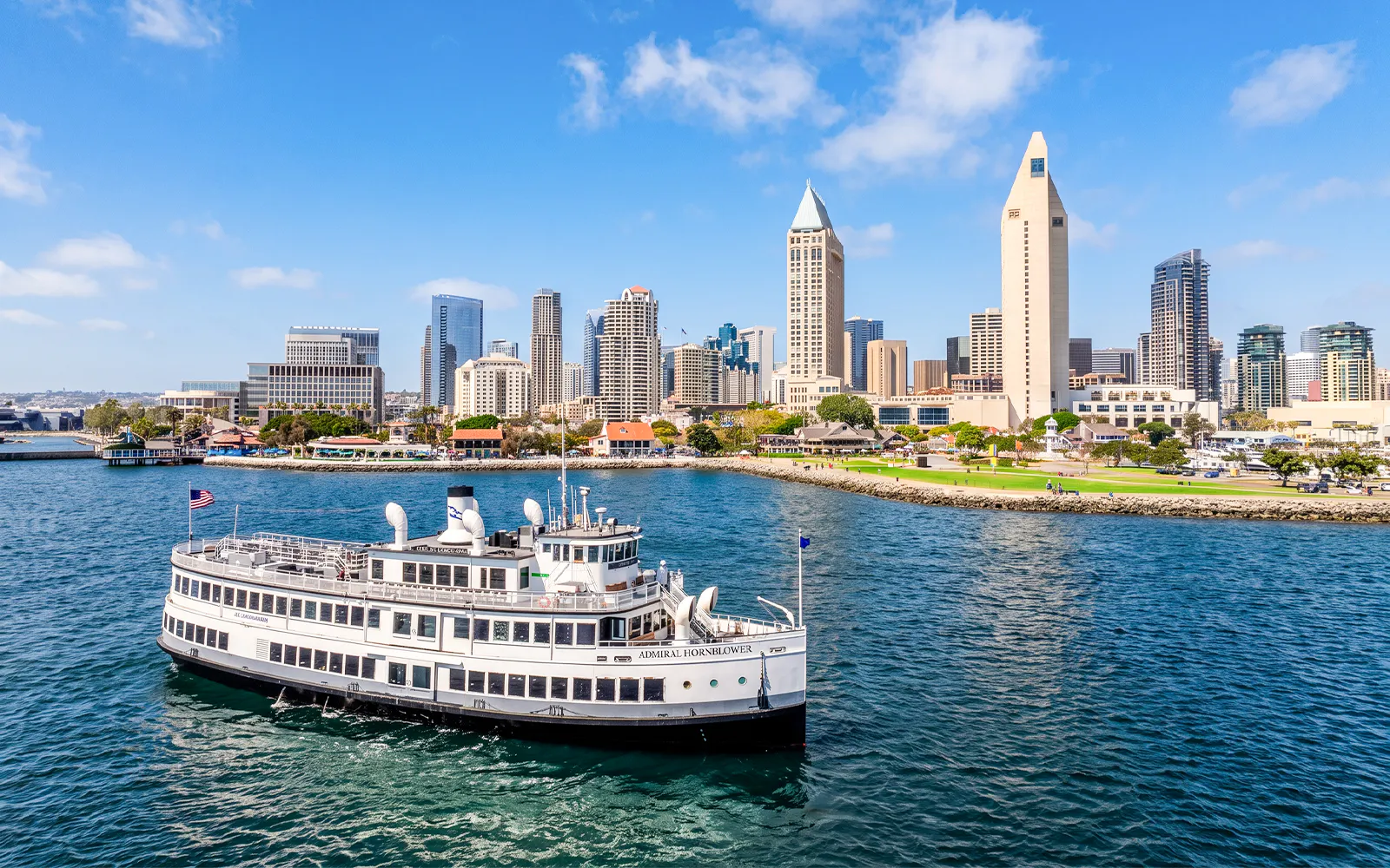 Cruise ship sailing by San Diego skyline with tall buildings and waterfront.
