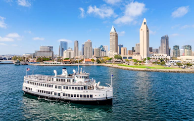 Cruise ship sailing by San Diego skyline with tall buildings and waterfront.