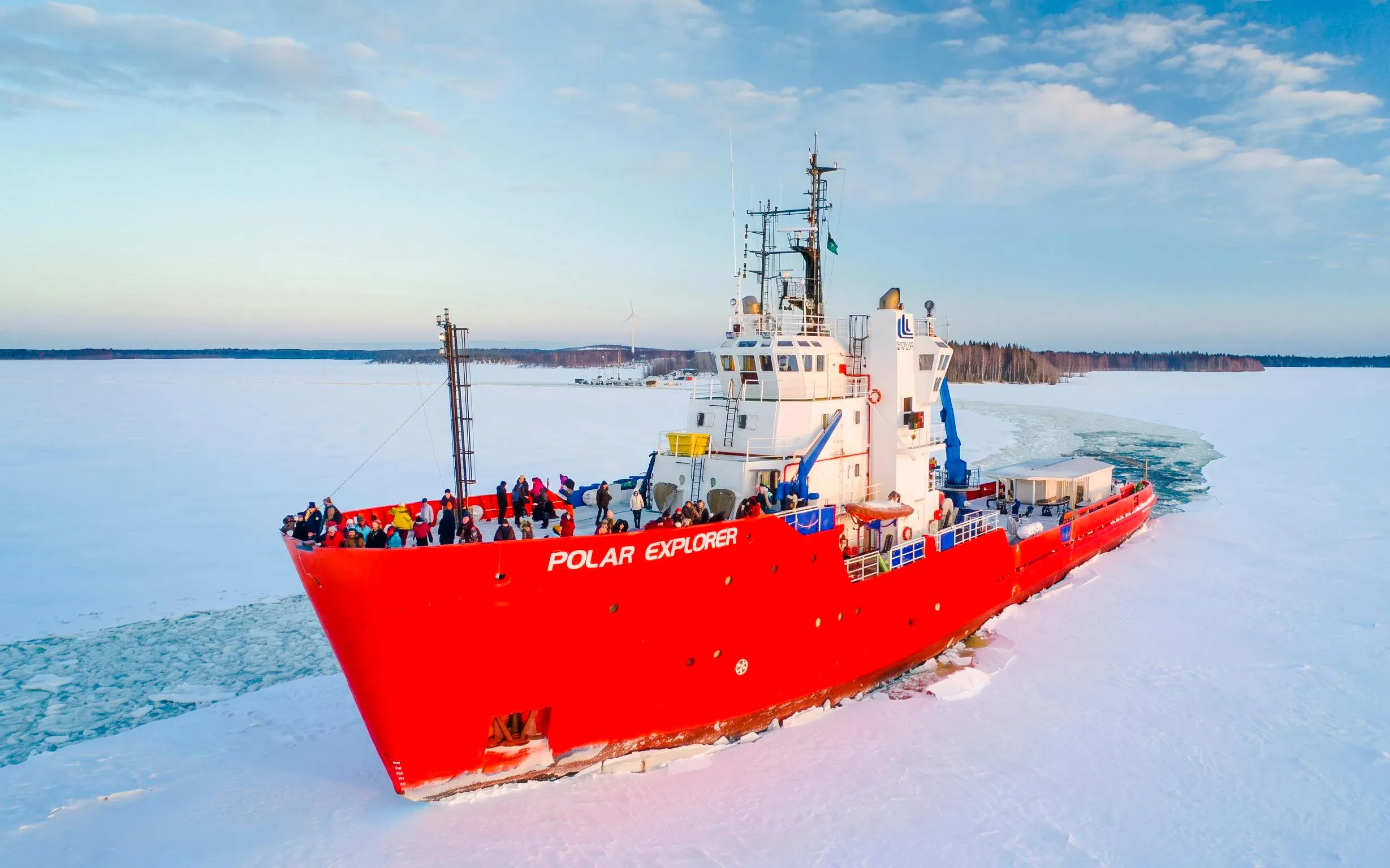 Icebreaker cruise ship navigating frozen sea during Icebreaker Cruise & Ice Floating Experience.