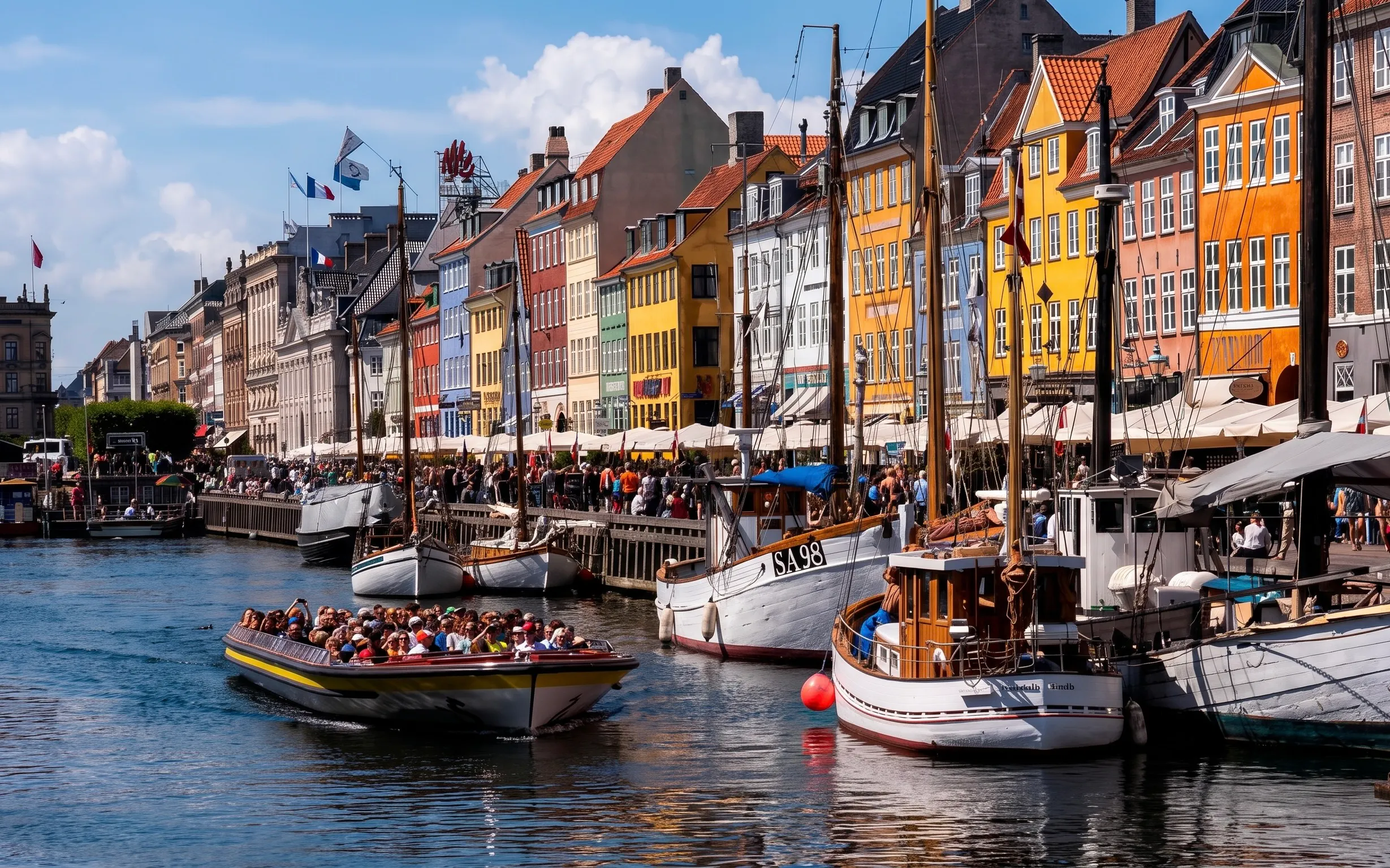 Sightseeing boat on Nyhavn Canal in Copenhagen with colorful buildings.