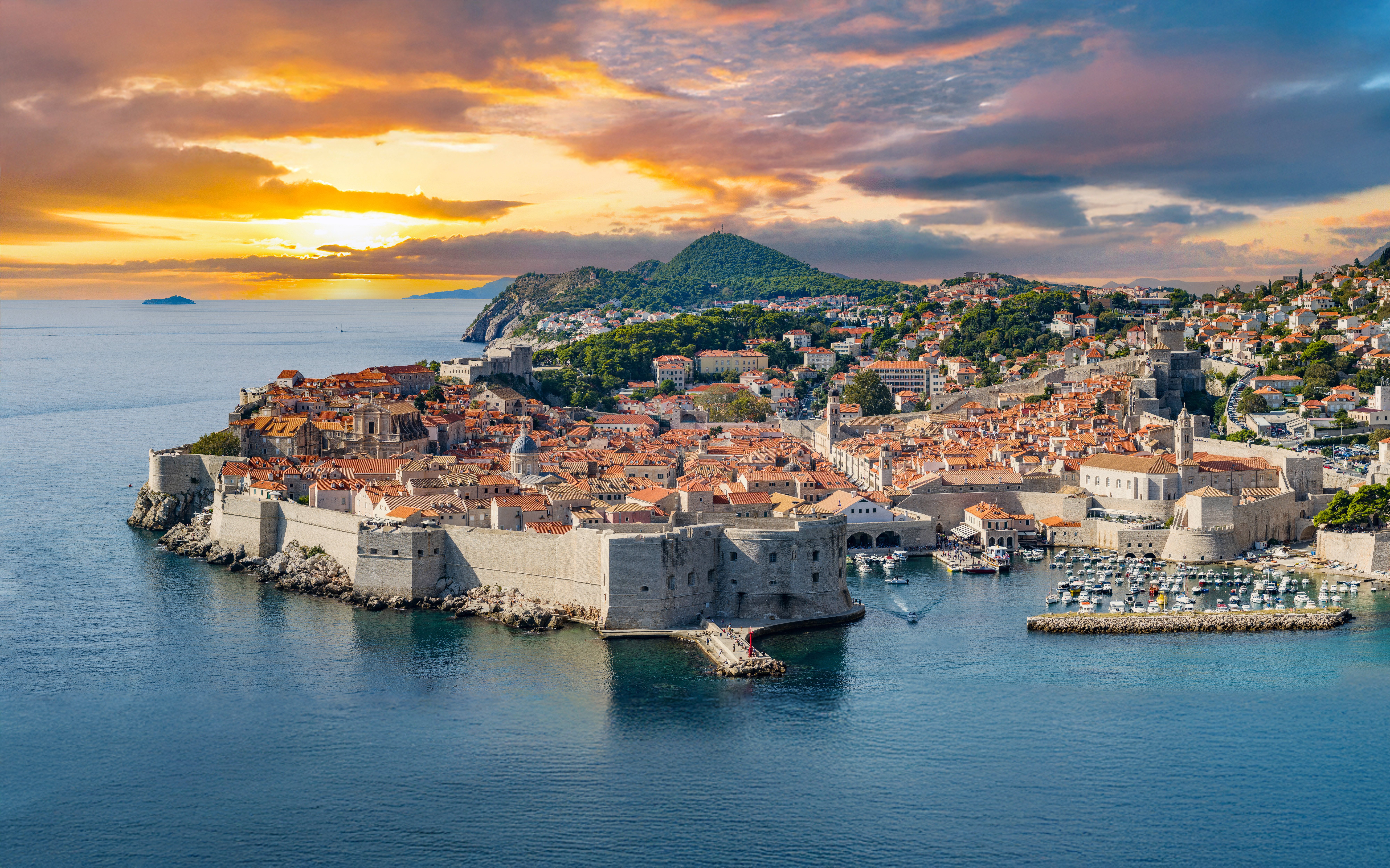 Dubrovnik Old Town and city walls at sunset, Croatia.