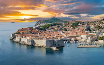 Dubrovnik Old Town and city walls at sunset, Croatia.