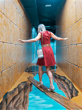 Visitor balancing on a narrow bridge illusion at Dubai Trick-Art Museum.