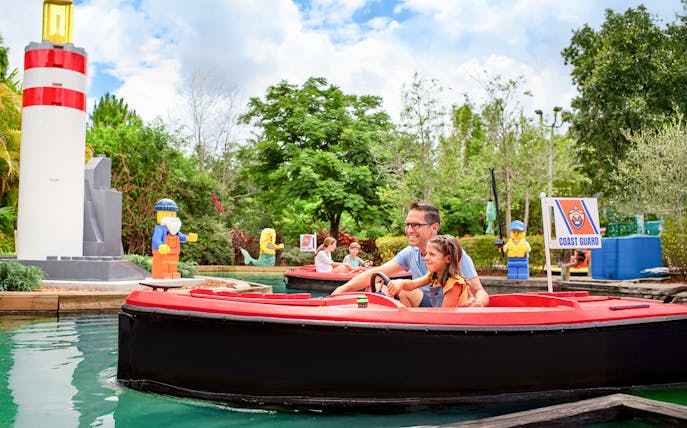 Father and daughter in a boat at Coast Guard Academy, LEGOLAND Florida.