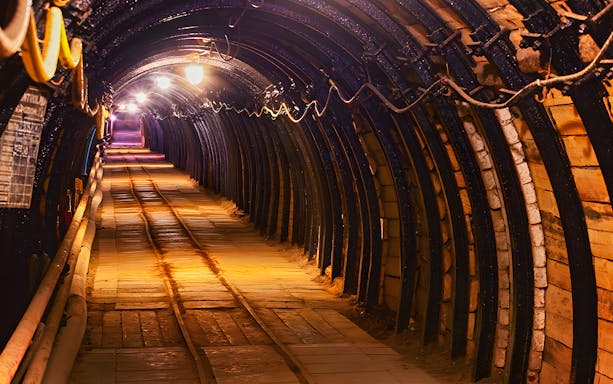 Bochnia Salt Mine tunnel with tracks for underground train ride.