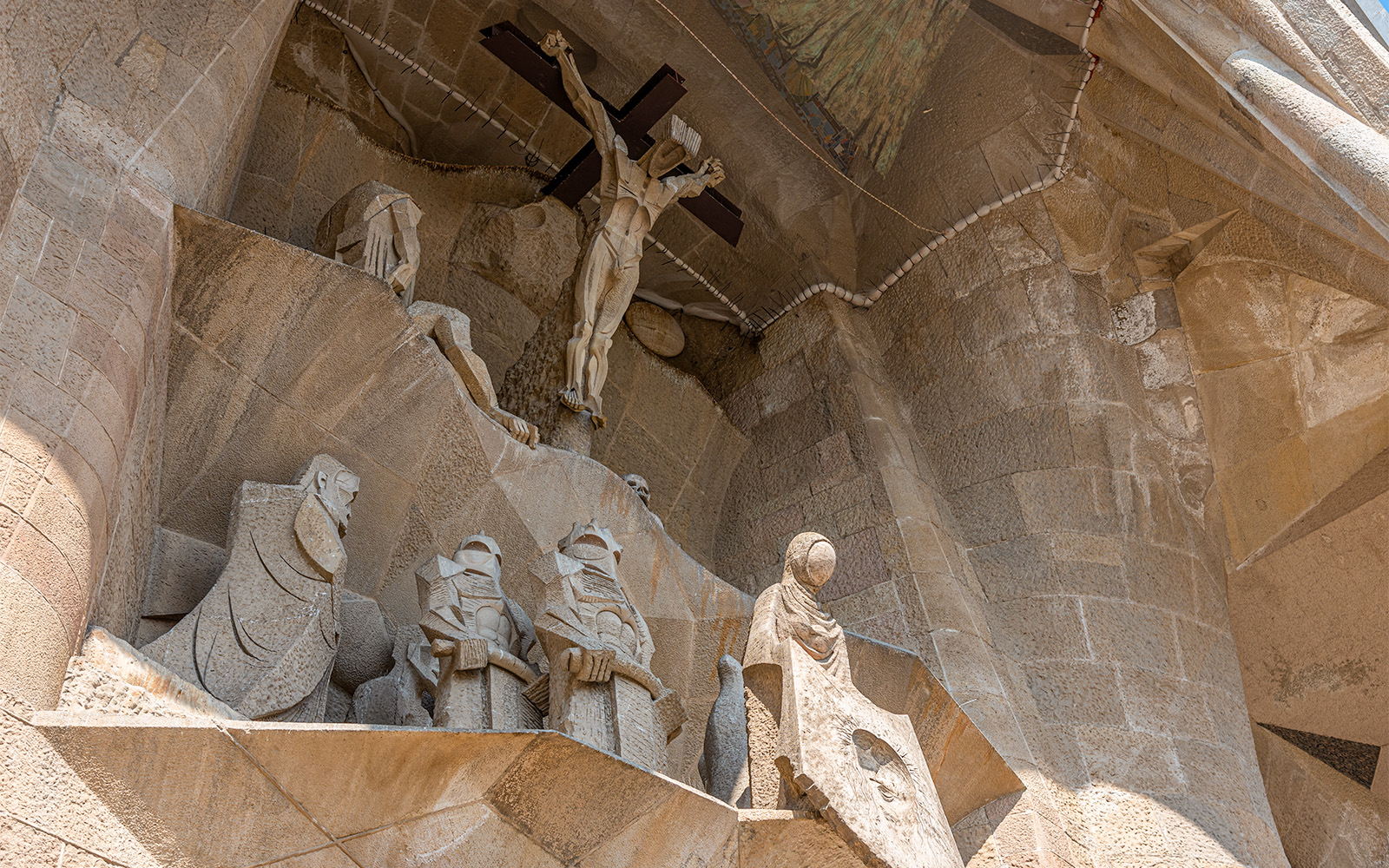 Sagrada Familia Passion Facade in Barcelona showcasing intricate stone carvings.