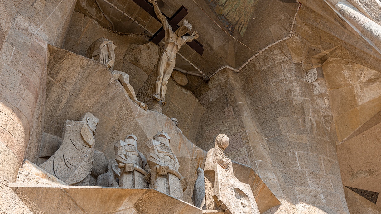 Sagrada Familia Passion Facade in Barcelona showcasing intricate stone carvings.