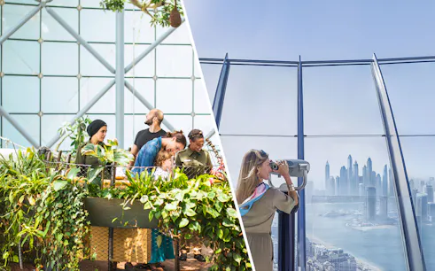 Visitors exploring The Green Planet and viewing Dubai skyline from The View At The Palm.
