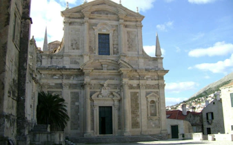 Baroque church facade in Dubrovnik Old Town near Jesuit Stairs.