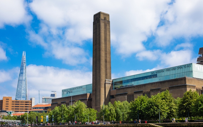 Tate Modern and Shard viewed from Thames Sightseeing Cruise in London.