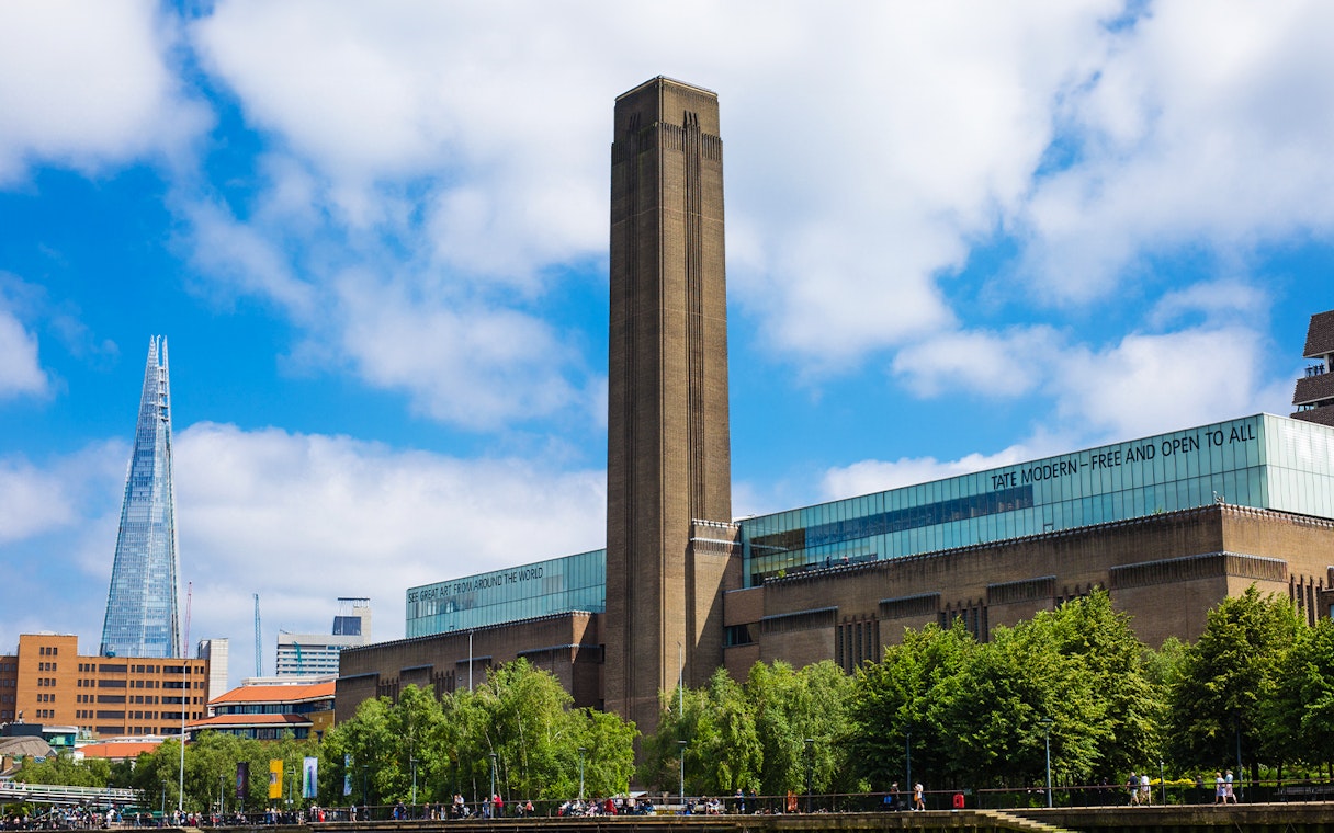 Tate Modern and Shard viewed from Thames Sightseeing Cruise in London.