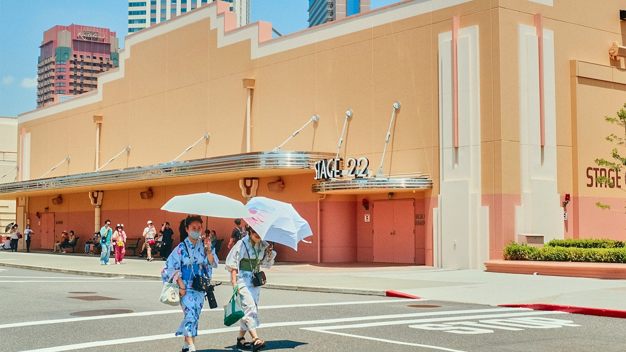 Visitors in traditional attire at Universal Studios Japan near Stage 22.