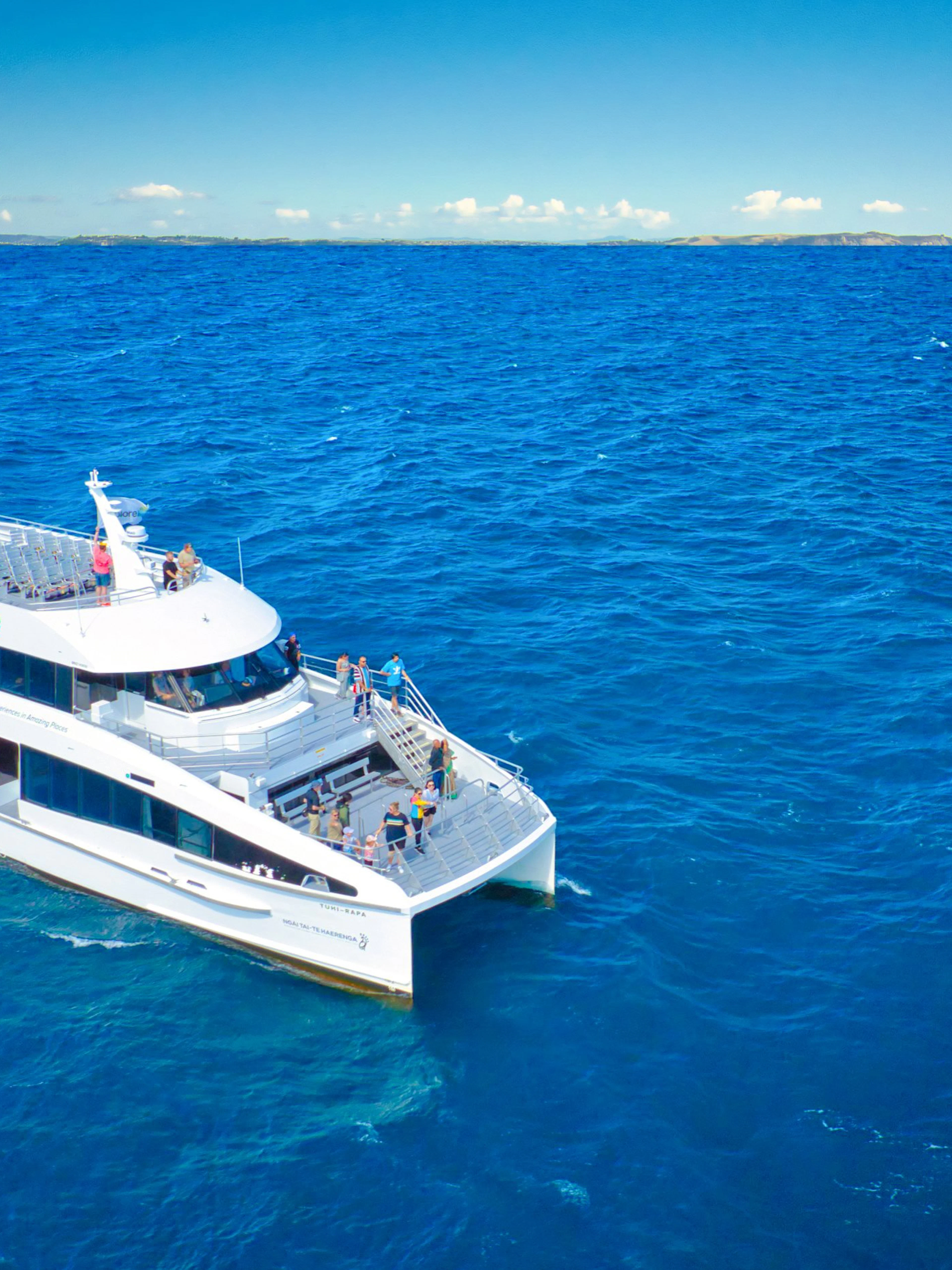 Cruise ship on Auckland's Tikapa Moana, passengers enjoying ocean views.