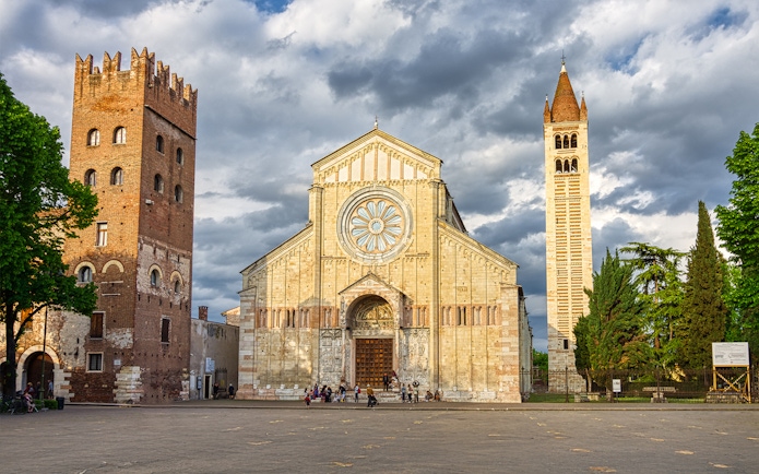 Basilica di San Zeno Maggiore facade with bell tower, Verona, Italy.