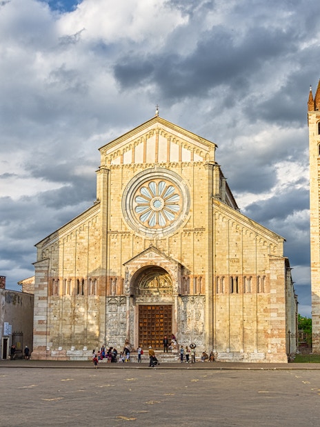 Basilica di San Zeno Maggiore facade with bell tower, Verona, Italy.