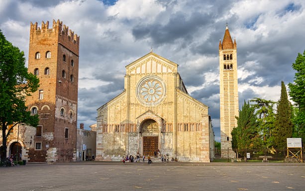 Basilica di San Zeno Maggiore facade with bell tower, Verona, Italy.