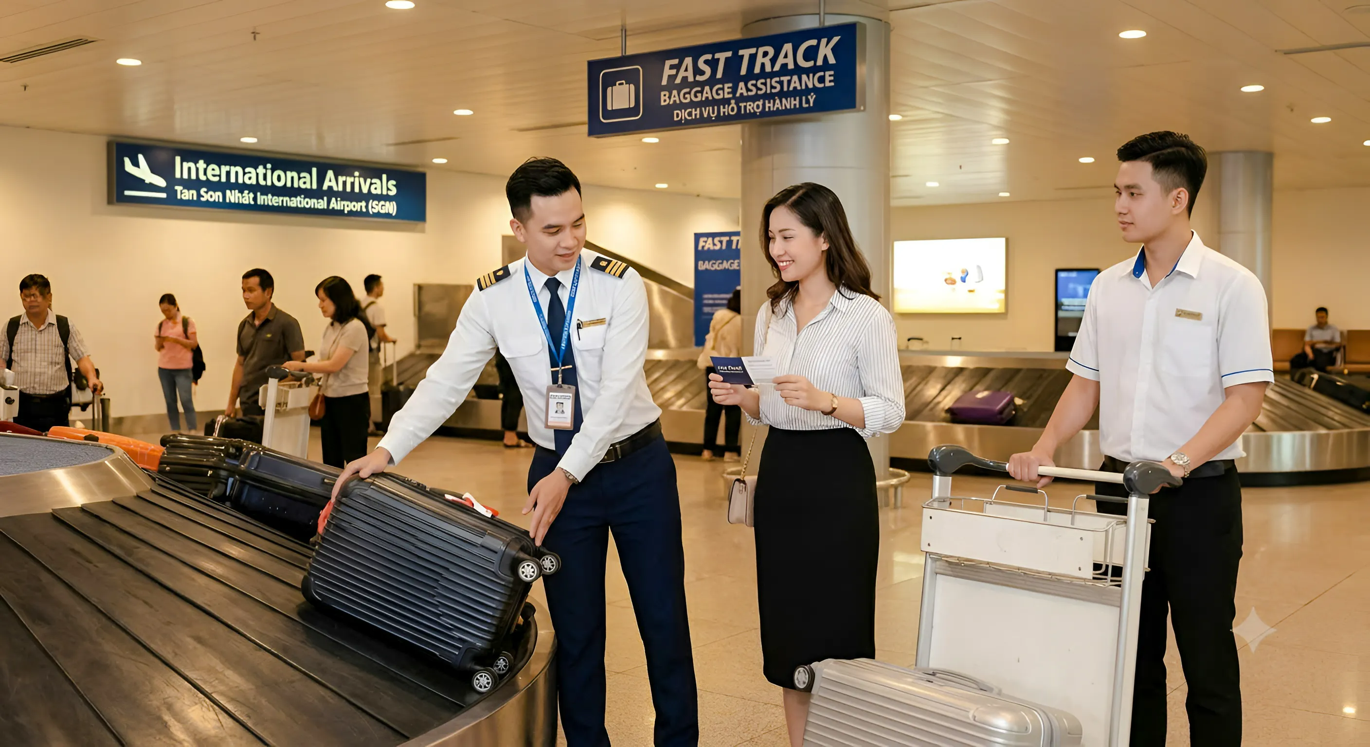 Da Nang airport staff assisting traveler with luggage at baggage claim.