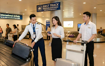 Da Nang airport staff assisting traveler with luggage at baggage claim.