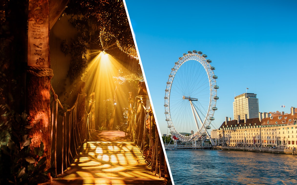 Paddington Experience forest path and London Eye on the Thames in London.