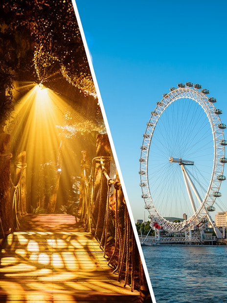 Paddington Experience forest path and London Eye on the Thames in London.