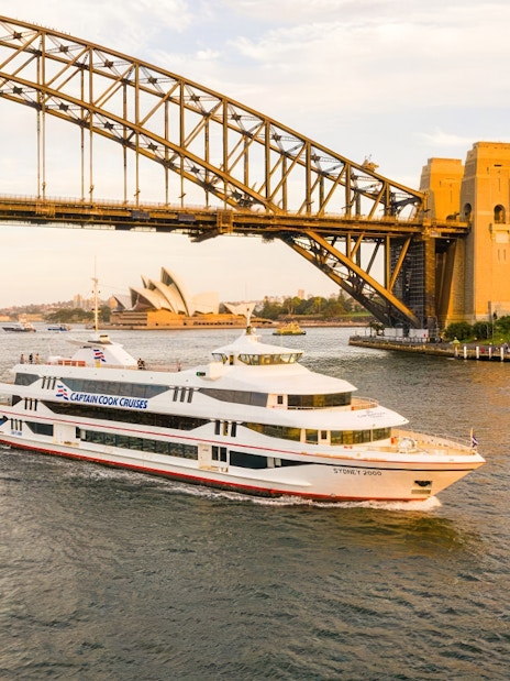 Cruise ship near Sydney Harbour Bridge and Opera House during Starlight Dinner Cruise.