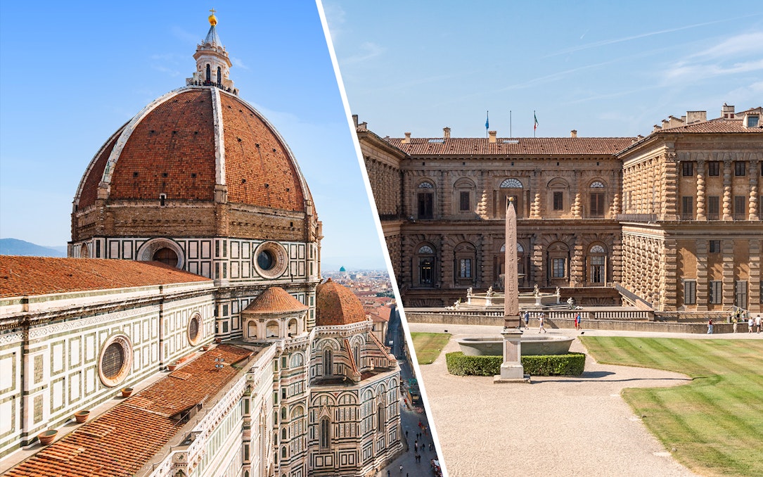 Duomo Florence dome and Pitti Palace courtyard in Florence, Italy.