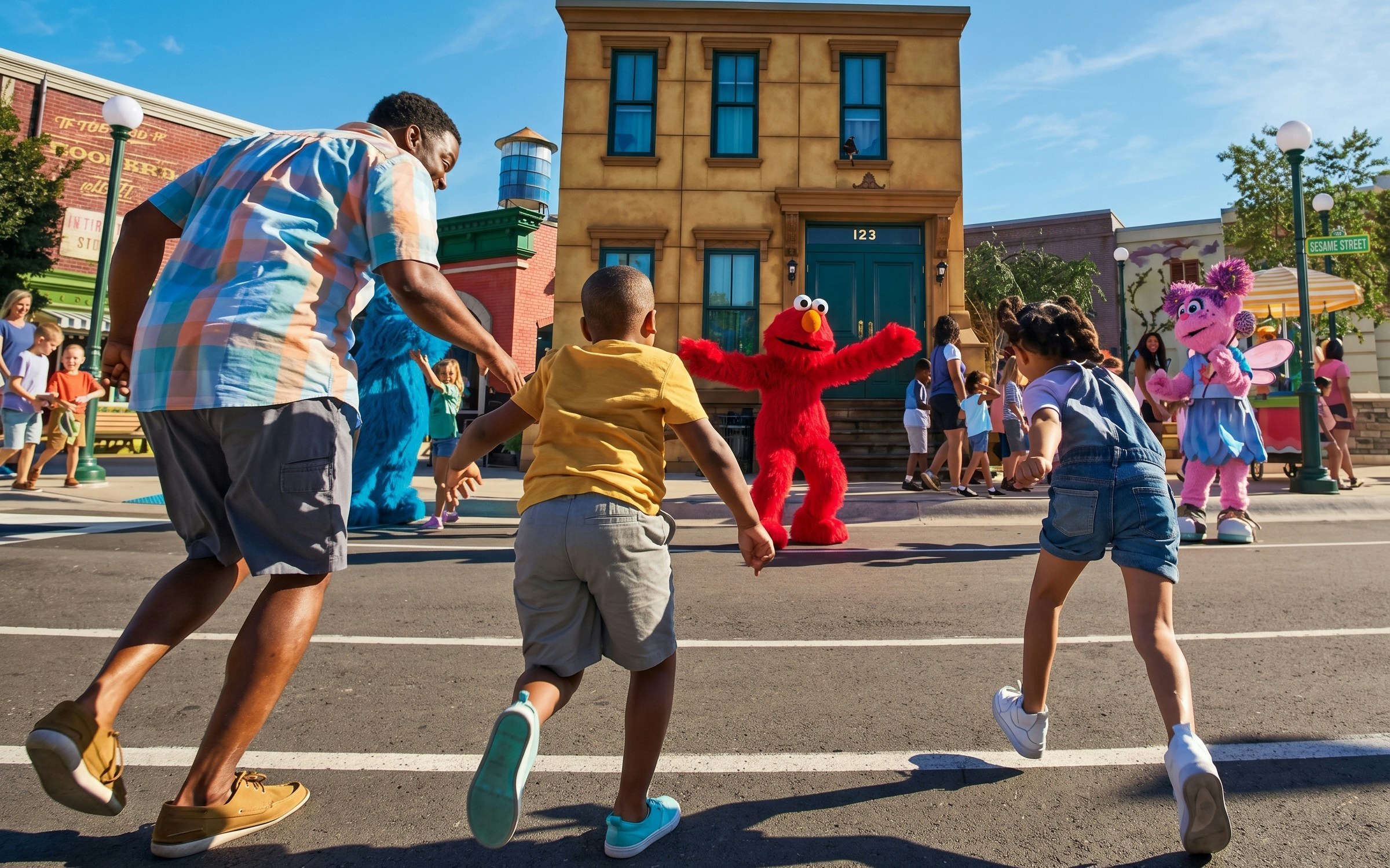 Children interacting with Sesame Street characters at SeaWorld Parks and Entertainment.