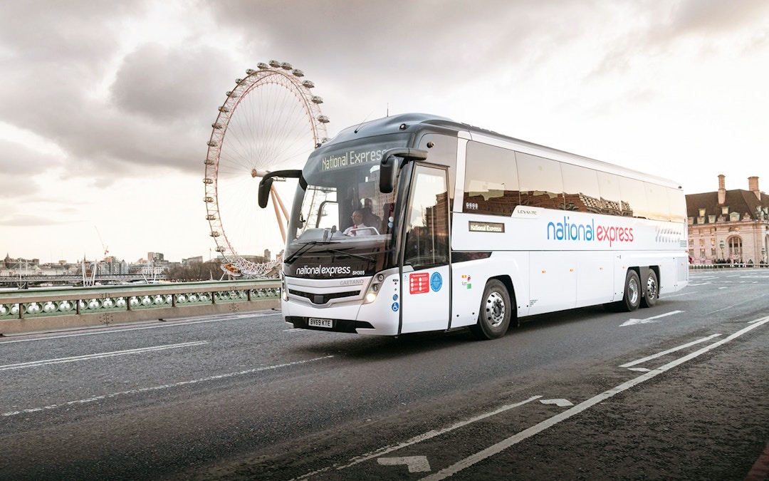 National Express bus near London Eye en route to Stansted Airport.