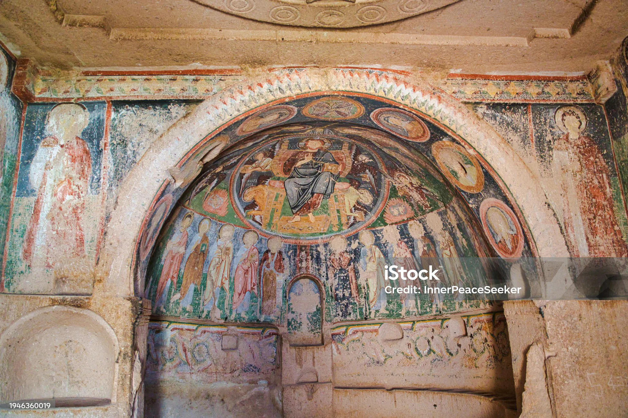 Ancient frescoes inside a Cappadocia cave church, part of the Guided Cappadocia Night Museum & Red Tour Experience.
