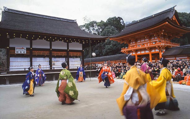 Traditional Kemari game at Shimogamo Shrine, Kyoto during a 4-hour guided bike tour.