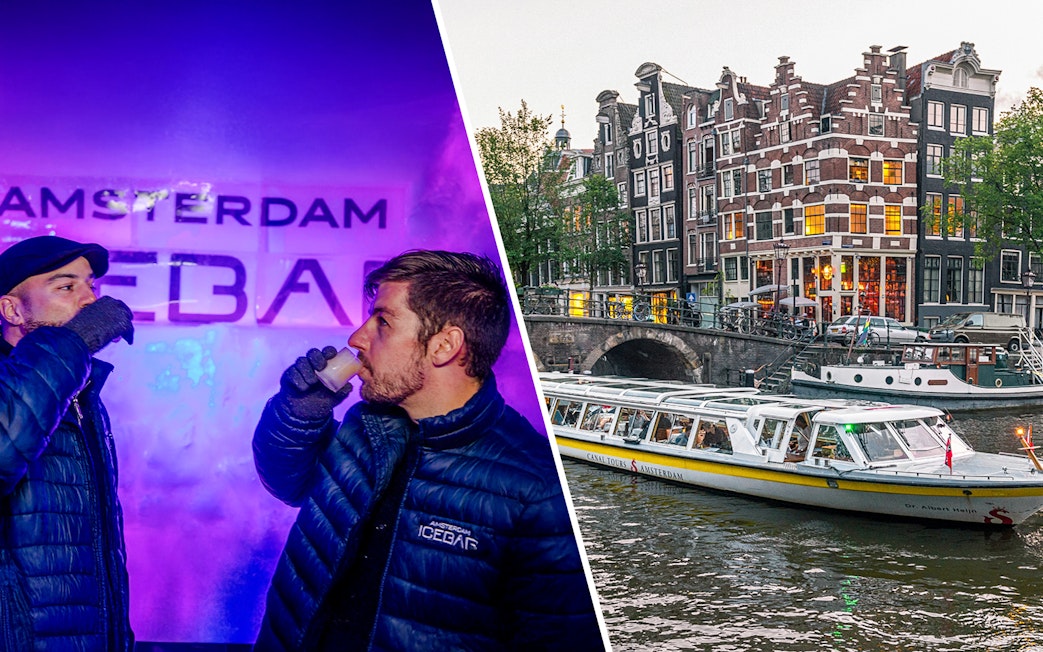 Xtracold Icebar visitors enjoying drinks; Amsterdam canal cruise boat passing historic buildings.