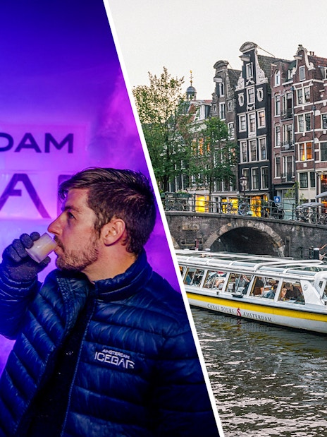 Xtracold Icebar visitors enjoying drinks; Amsterdam canal cruise boat passing historic buildings.